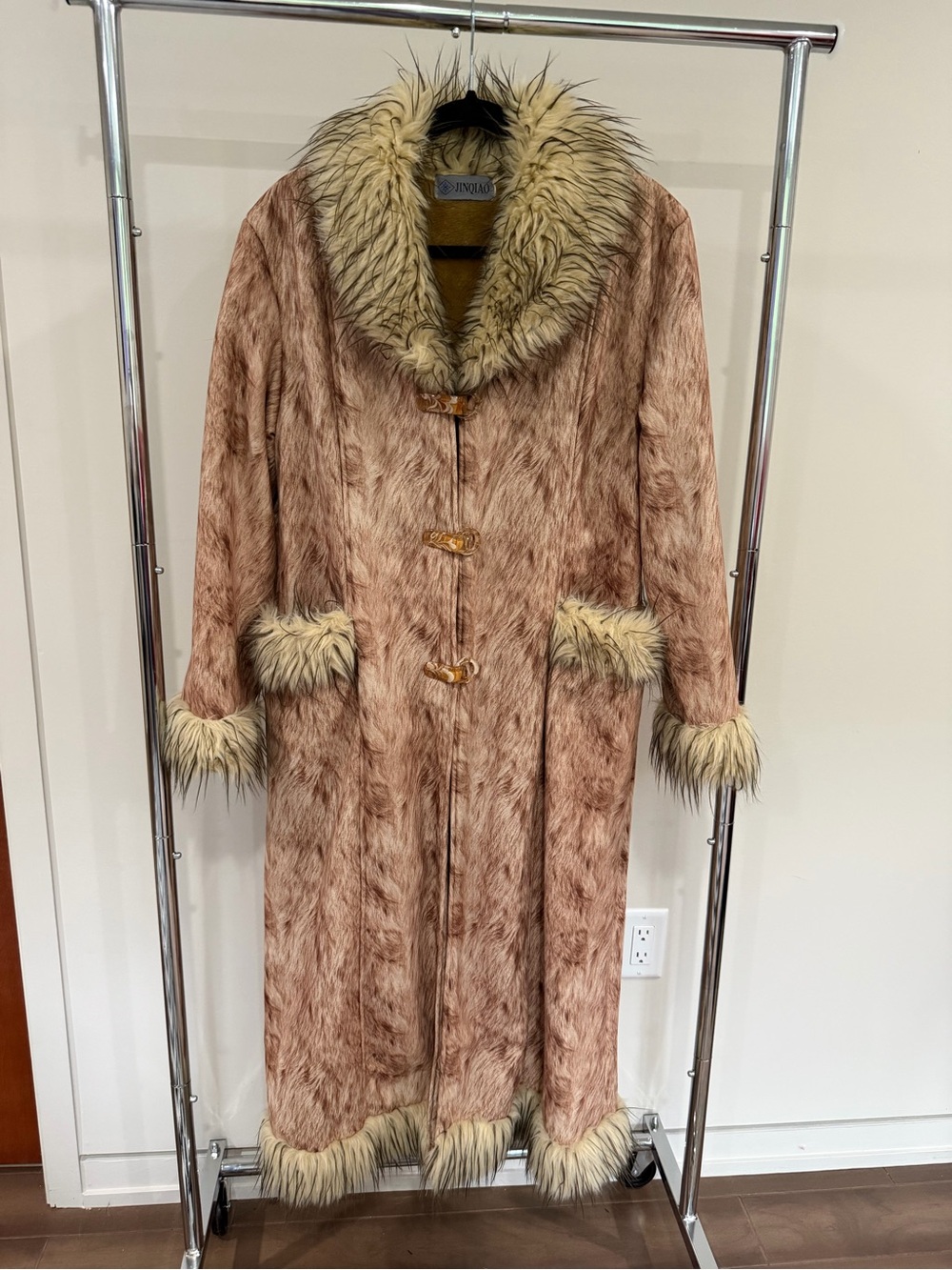 Vintage faux fur penny lane floor length coat with acrylic clip closures